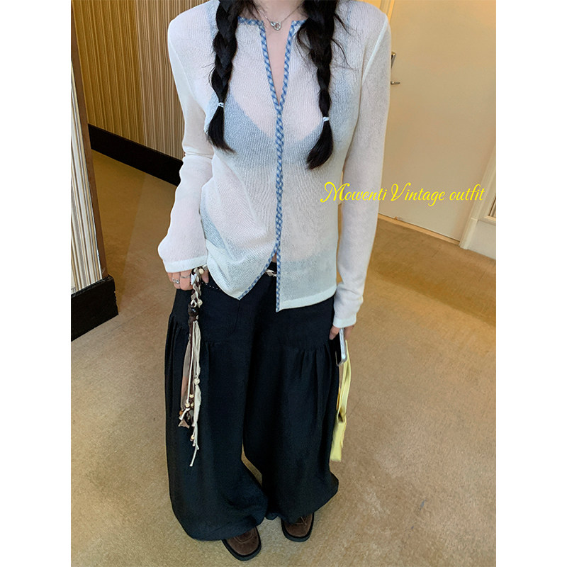 MOWENTI文文婷 黑巧泡芙甜酷压褶阔腿花苞裤2026年春女垂感休闲裤