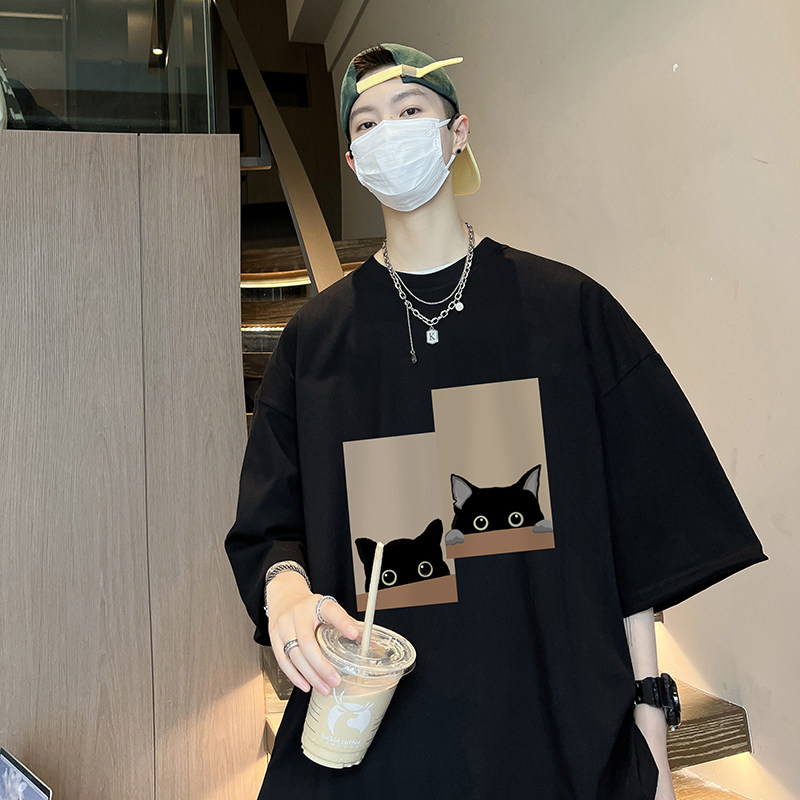 夏季男大码潮猫咪印花短袖T恤