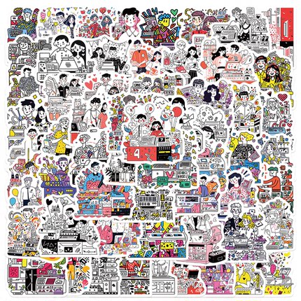 100张甜蜜情侣日常人物贴纸手机壳手账本笔记本电脑装饰防水贴画