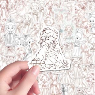 120张古风小人贴纸简笔画手账素材手机平板贴纸防水贴画diy