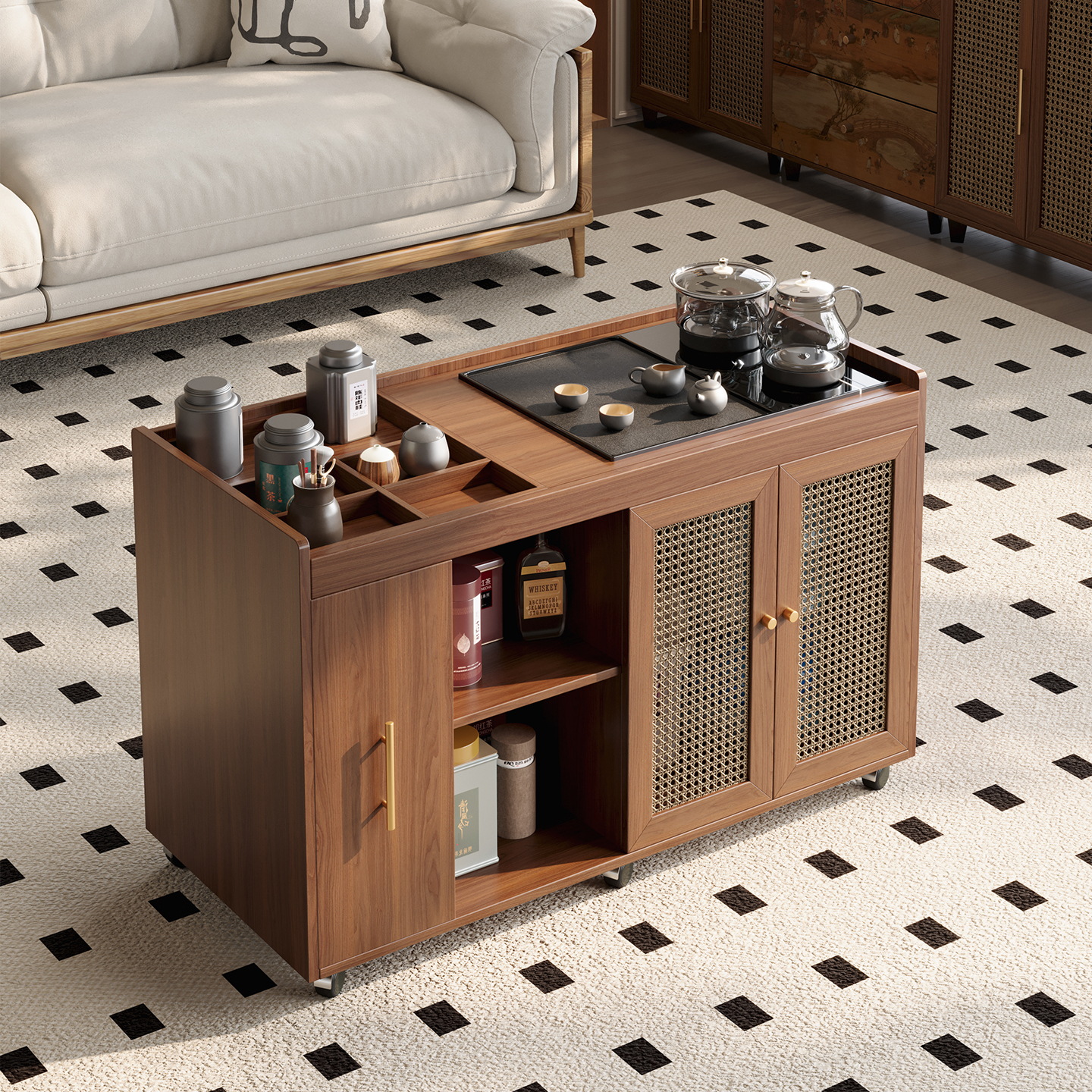 移动实木茶水柜带烧水壶一体