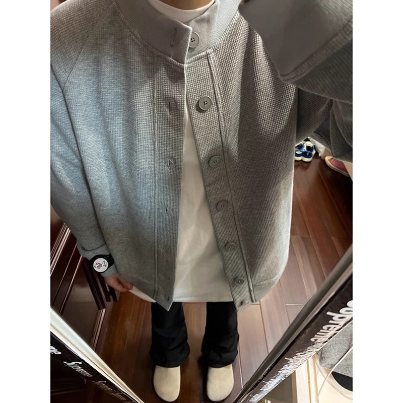 美式chic韩系灰色卫衣外套男春秋季2025新款华夫格棒球服开衫