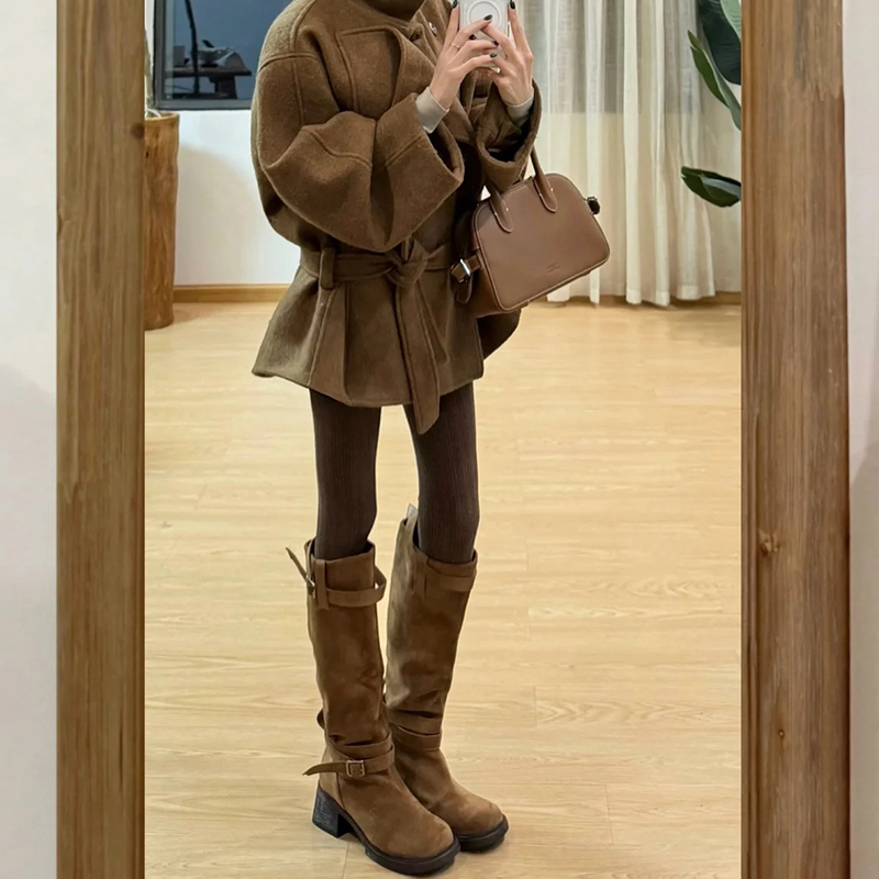 绒面高筒褶皱堆堆骑士靴