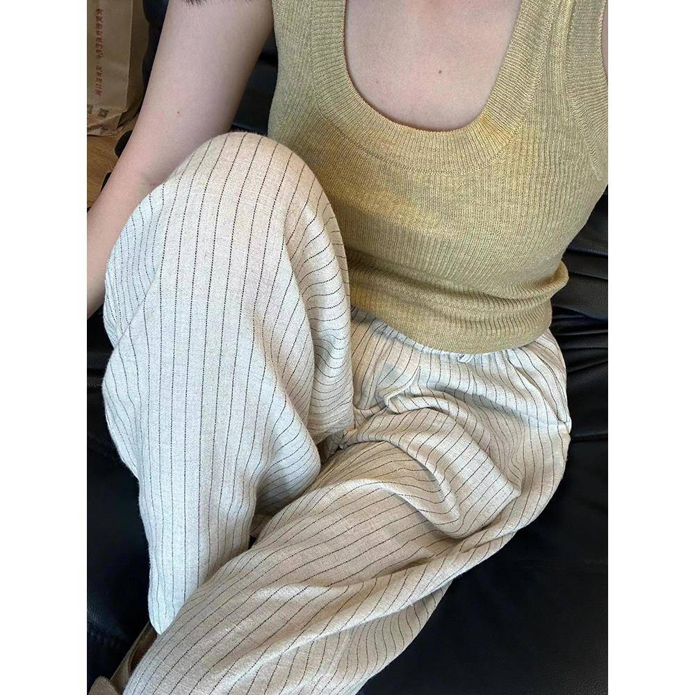夏季日系亚麻条纹裤子女大码胖mm棉麻薄款慵懒垂感阔腿休闲长裤潮
