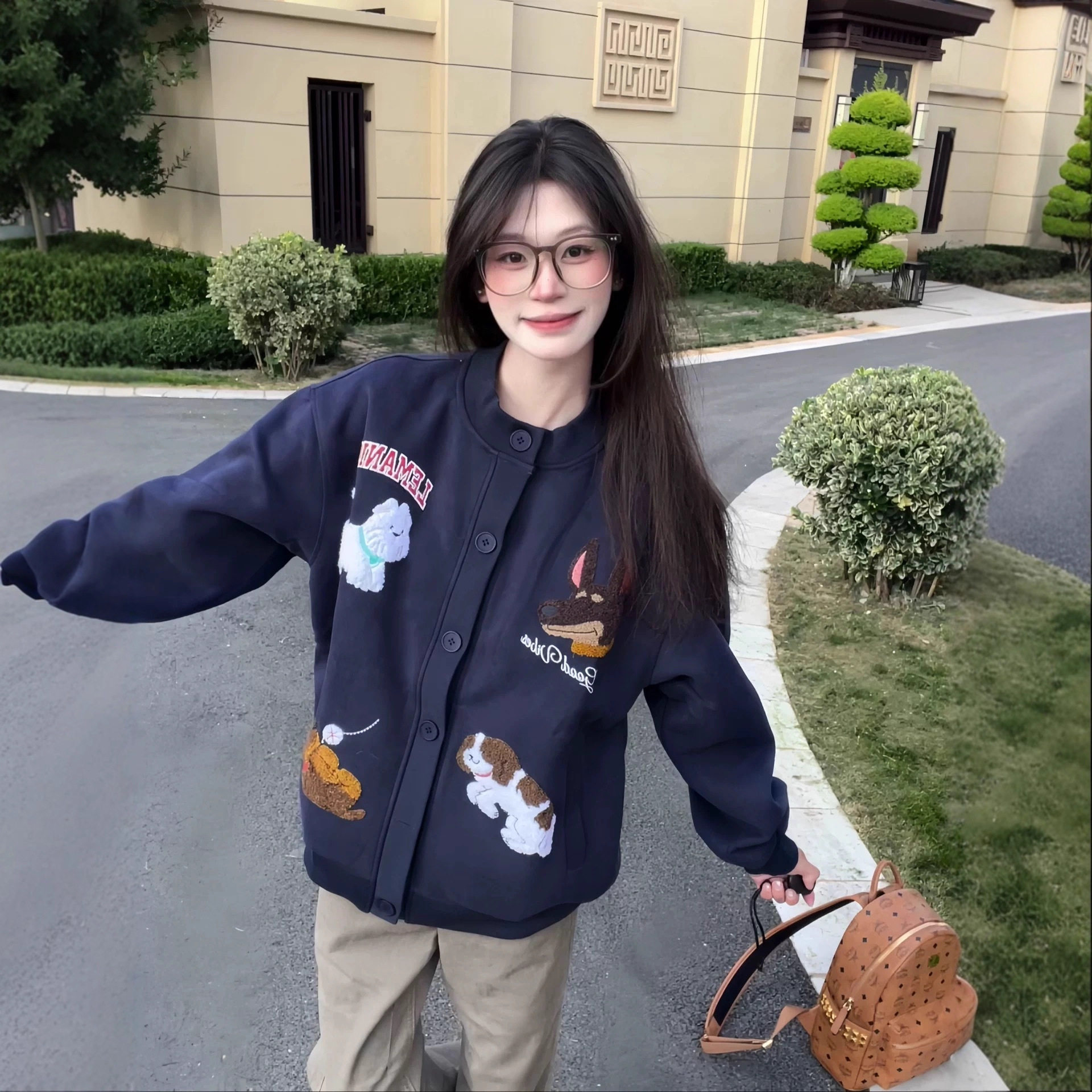 趣味卡通毛巾绣开衫卫衣女秋季韩系慵懒风宽松BF棒球服休闲外套