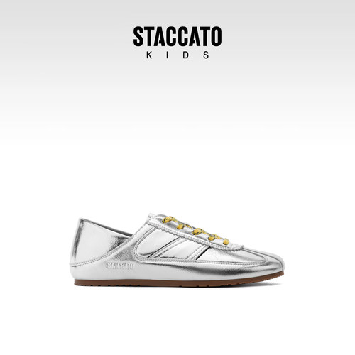 Staccatokids思加图童鞋2026夏季新款女大童休闲皮鞋亮银色阿甘鞋