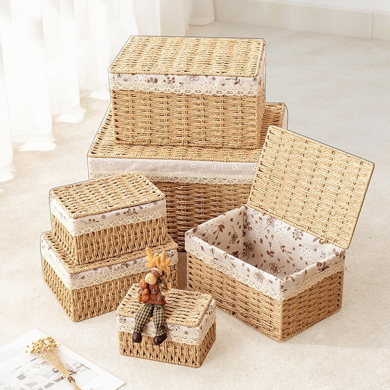 桌面收纳盒藤编长方形大容量家用客厅茶几抽屉杂物玩具编织储物筐