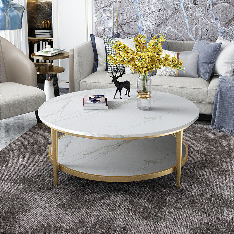 现代轻奢大理石茶几简约岩板小户型客厅家用双层客厅圆形茶桌铁艺