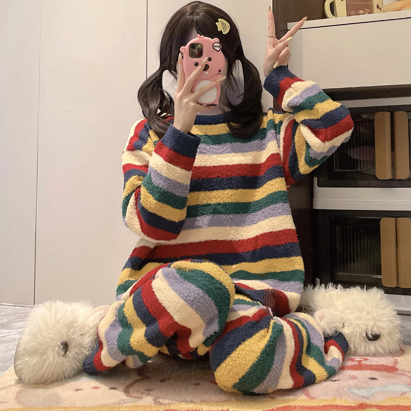 半边绒睡衣女秋冬季软绵绵彩色条