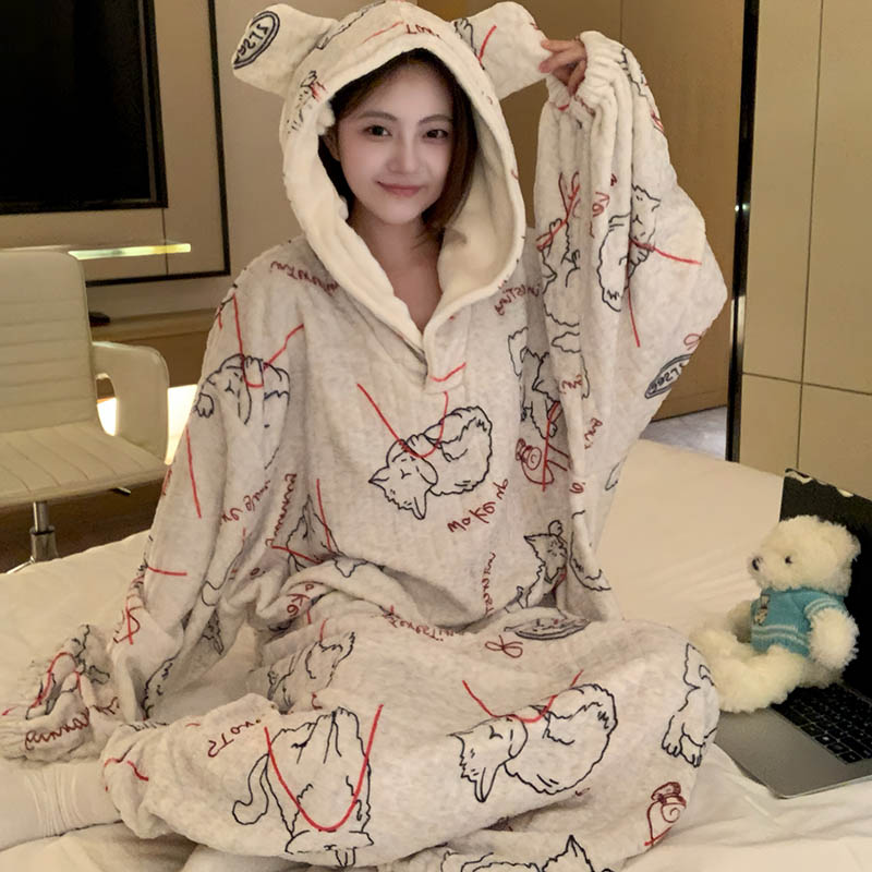 珊瑚绒连帽睡裙女秋冬季加厚保暖法兰绒可爱猫咪长款睡衣裙家居服