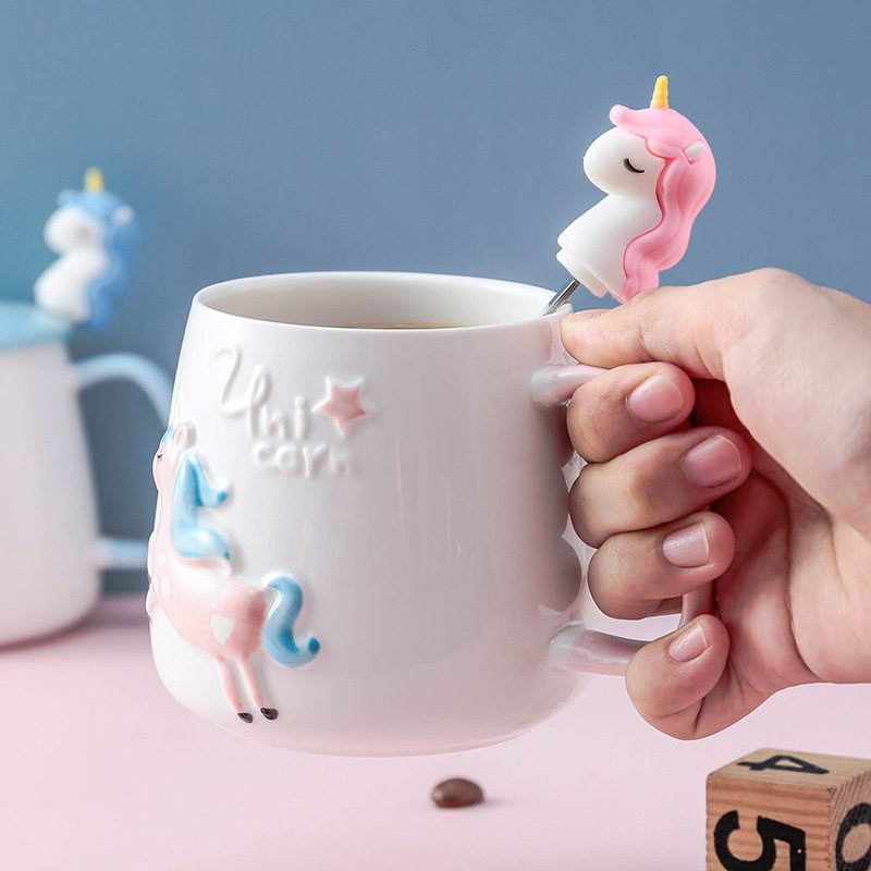 cute unicorn coffee mug with lid and spoon for breakfast mil