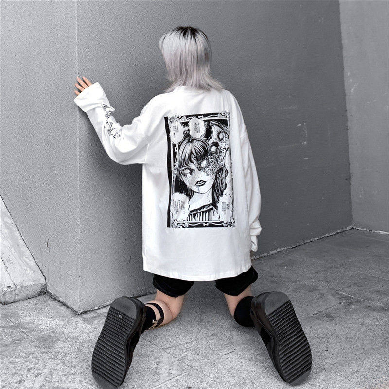 camiseta gótica de dibujos animados de terror para mujer, c