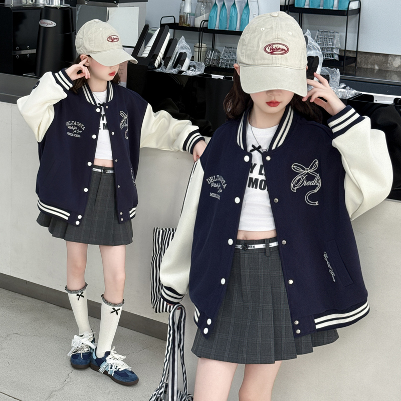 棒球服女童中大童百搭外出服时髦ins风2025女孩机车服童装潮酷