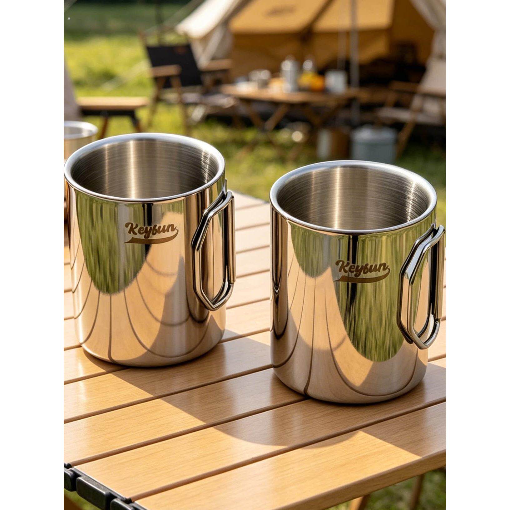 户外双层水杯04不锈钢水杯露营茶杯登山水具防烫咖啡杯折叠手柄