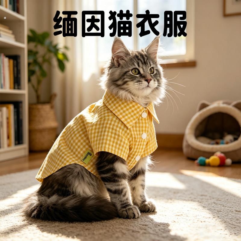 缅因猫衣服春夏薄款透气专用猫咪格子衬衣防掉毛防尘宠物用品服饰