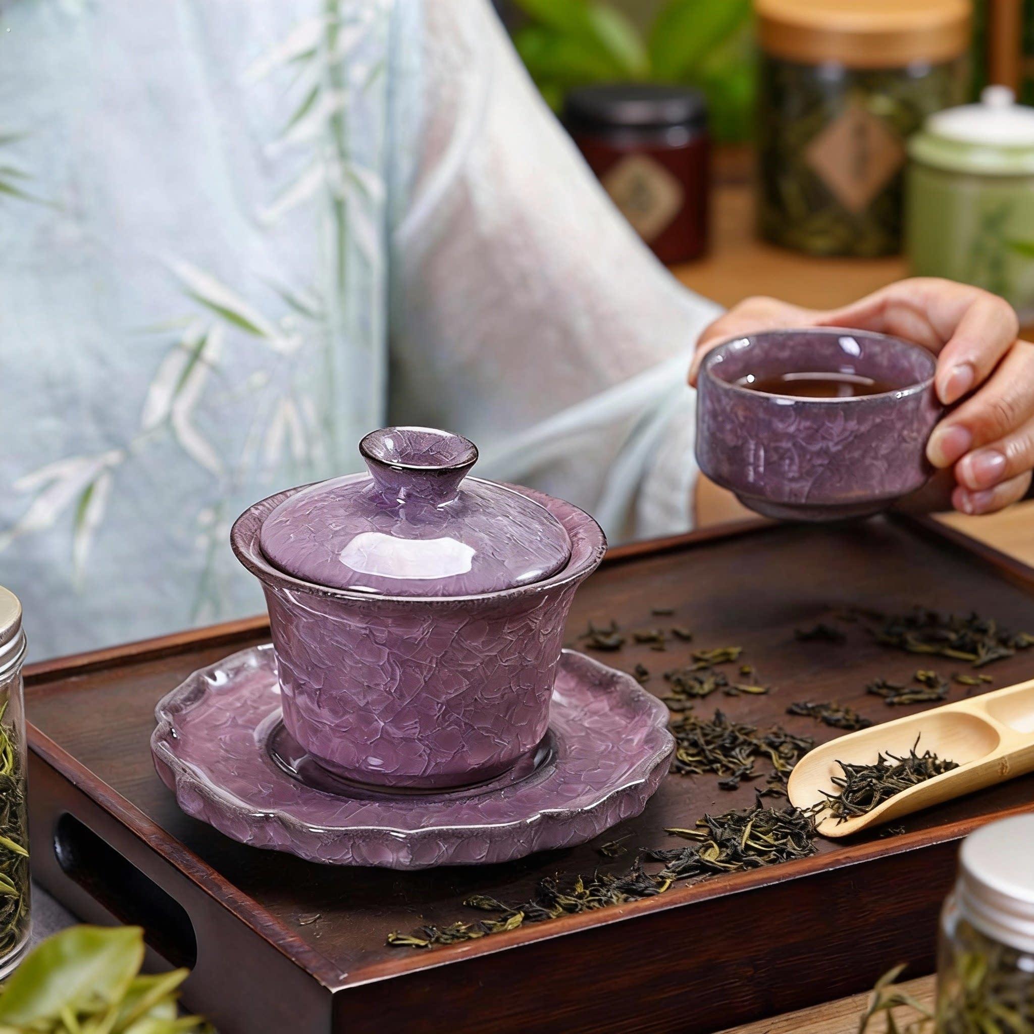 高端茶具悬停三才盖碗复古紫色冰片马蹄茶碗冰裂釉主人杯功夫茶具