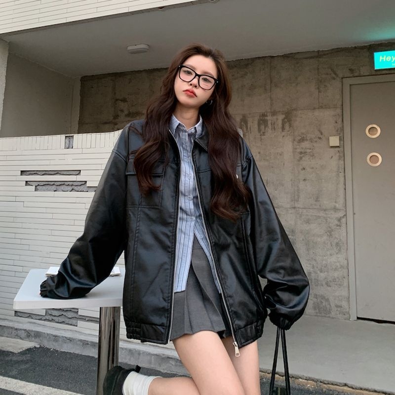 美式复古pu机车皮衣棒球服女春秋港风高级感宽松百搭情侣夹克外套