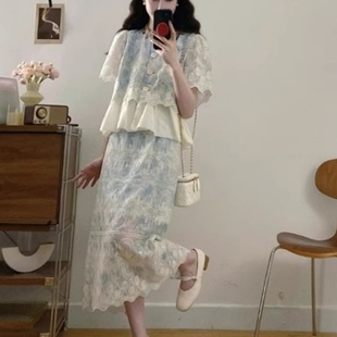 两件套 微胖MM遮肉显瘦半身裙套装 女2025新款 大码 刺绣上衣减龄夏季