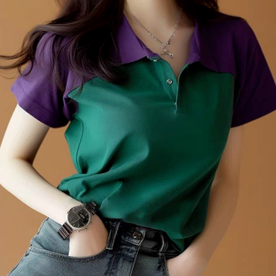Polo领小众设计感撞色T恤女上衣女短袖微胖女士2025夏季新款显瘦