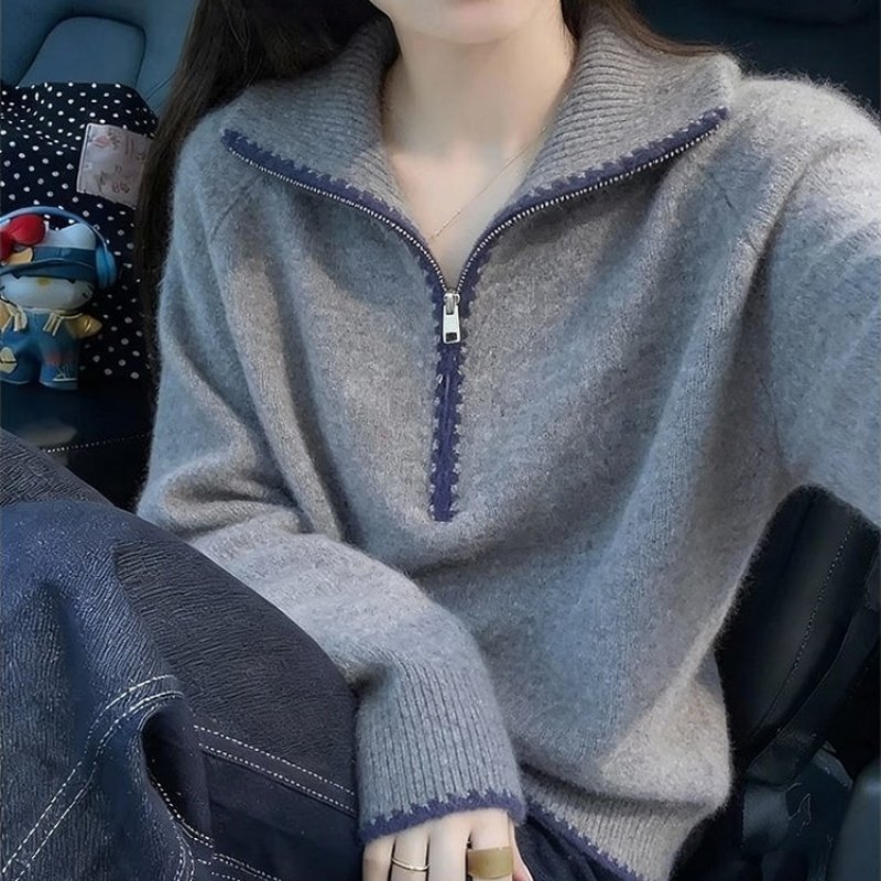 小众别致半拉链套头撞色软糯毛衣2025冬季慵懒通勤百搭长袖针织衫,女装/女士精品,毛衣,淘宝优惠券,粉丝福利购,淘宝优惠卷