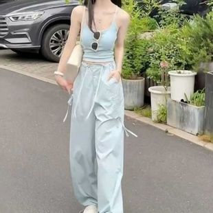 套裝 女夏季 搭配一整套吊帶運(yùn)動(dòng)上衣高腰抽繩工裝 新款 闊腿褲 夏裝