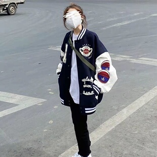 宽松韩版 新款 学生百搭外套女ins潮 复古拼接刺绣棒球服春秋季 美式