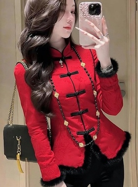 国风独特别致上衣女冬轻奢高端独特漂亮本命年新中式红色加绒衬衫