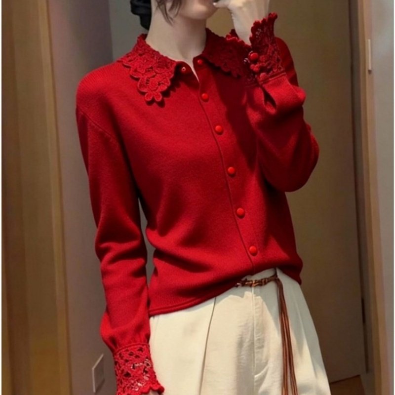 法式气质轻奢风长袖红色针织上衣女2025冬季显瘦单排扣打底毛衣服