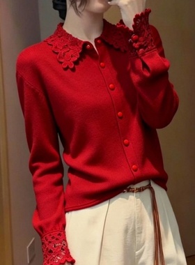 法式气质轻奢风长袖红色针织上衣女2025冬季显瘦单排扣打底毛衣服