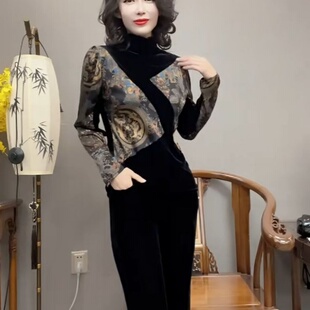 2025春秋款 高贵气质女金丝绒印花拼接上衣百搭显瘦 小个子新中式