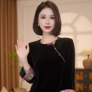 网红时尚爆款丝绒小衫女2025秋季新款新中式国风斜襟盘扣丝绒上衣