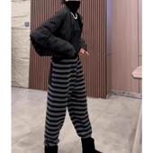 欧货休闲运动加绒加厚高腰卫裤 秋冬款 条纹束腿小脚裤 子女2025新款