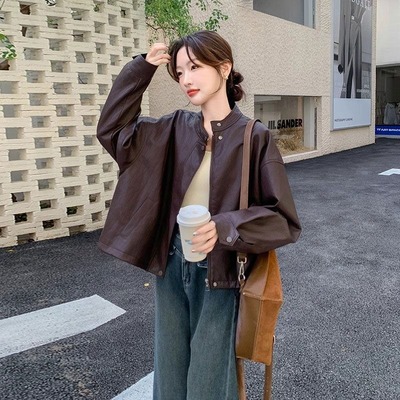 美拉德立领短款皮衣外套女2024新款春秋小个子高级感pu皮机车夹克