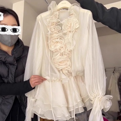 韩系甜辣风绑带设计感别致小众荷叶边立体花朵V领长袖衬衫连衣裙