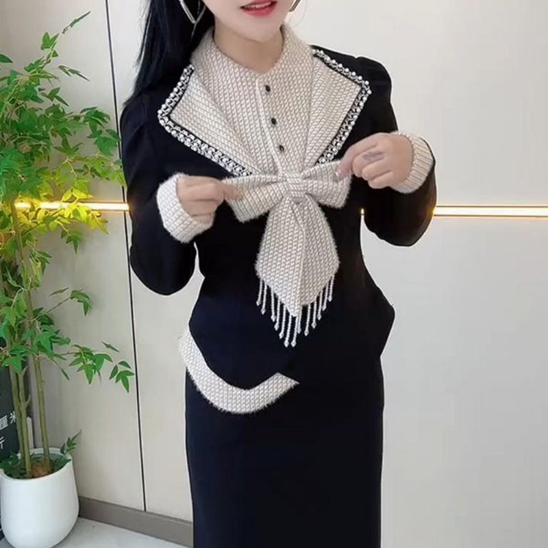 2026秋冬新款洋气蝴蝶结设计立领修身打底T恤+高腰半身裙两件套女,女装/女士精品,时尚套装,淘宝优惠券,粉丝福利购,淘宝优惠卷