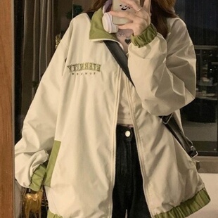 学生百搭潮牌 夹克外套女宽松韩版 复古拼接两面穿棒球服春秋季 新款