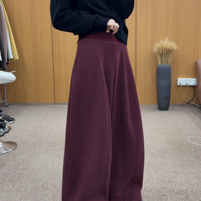 欧货加厚加绒松紧腰弯刀裤女2025冬季新款宽松显瘦休闲阔腿气球裤