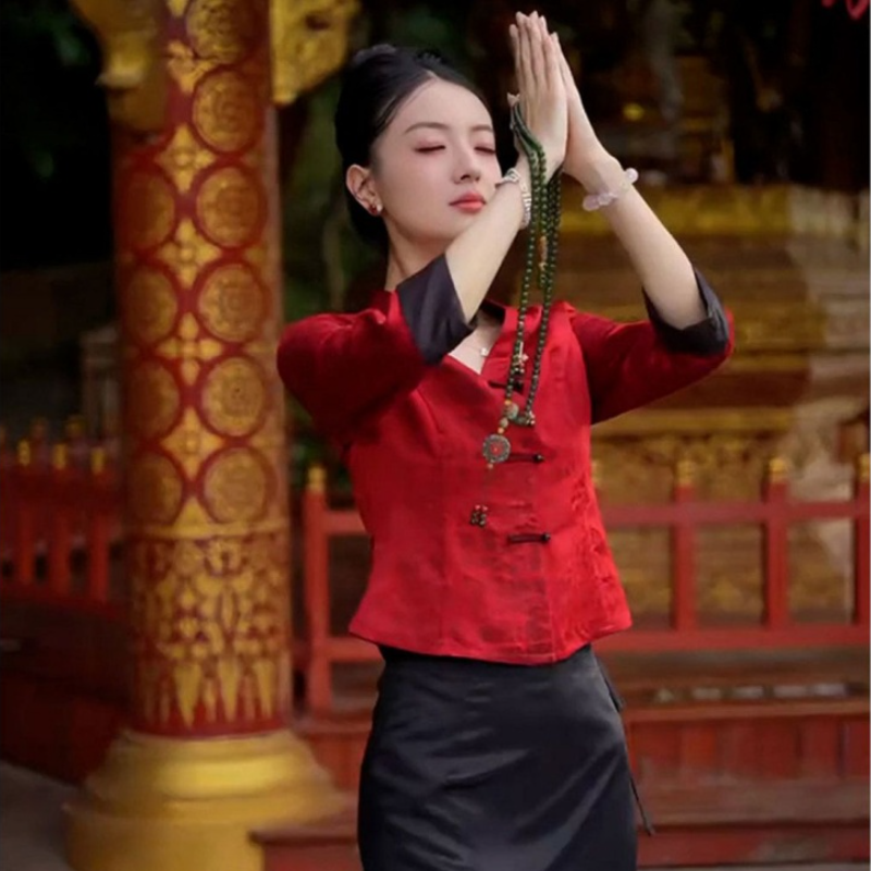 2025超火穿搭早秋新中式国风禅意改良唐装红色盘扣衬衫两件套装裙