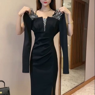 名媛风气质洋气重工亮片方领连衣裙女中长款 显瘦开衩裙子潮