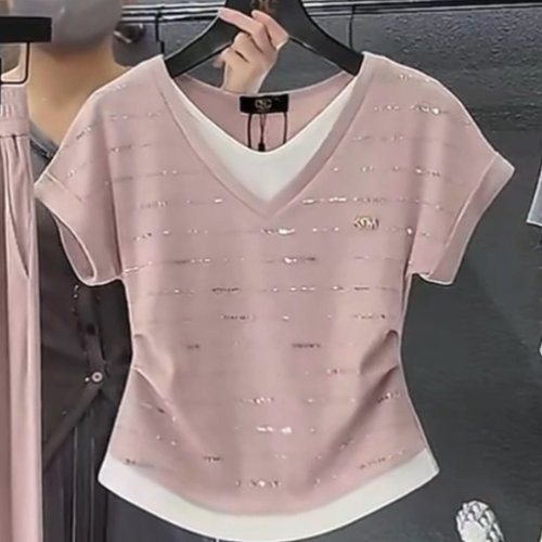 欧货拼色烫钻假两件V领T恤女2025夏季重工轻奢收腰显瘦小香风上衣