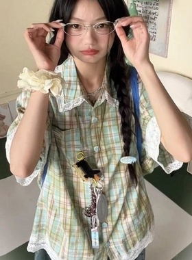 FG美式复古格子衬衫短袖女夏季拼接蕾丝绿色衬衣外套学院风上衣服