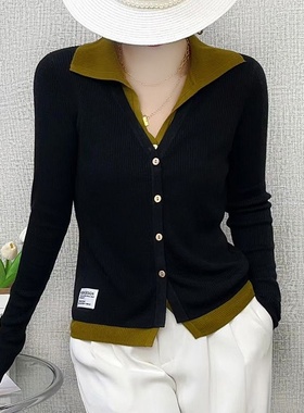 2024春秋新款气质修身假两件针织开衫女撞色翻领简约贴标上衣外套
