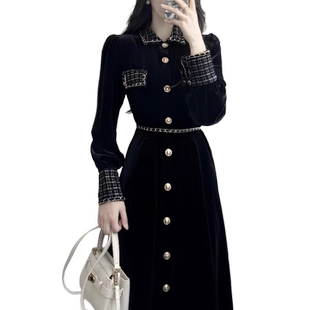 法式赫本风黑色长袖连衣裙子女秋冬装2023新款高级感穿搭丝绒长裙