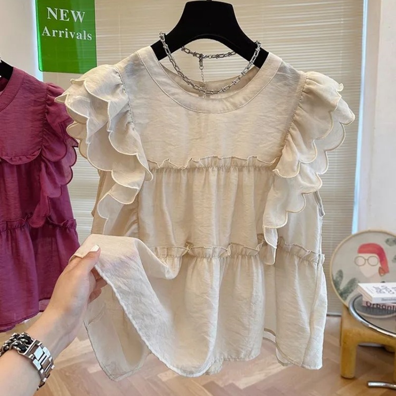 法式荷叶边飞飞袖圆领衬衫女夏季甜美娃娃衫宽松小众别致无袖上衣