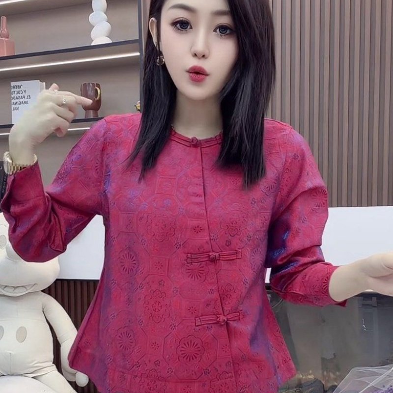 高品质新中式国风时尚衬衫2025秋季新款重工提花盘扣圆领长袖上衣