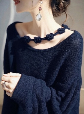 藏蓝色针织衫毛衣女款2025年新款慵懒风高级感韩系氛围感早秋穿搭