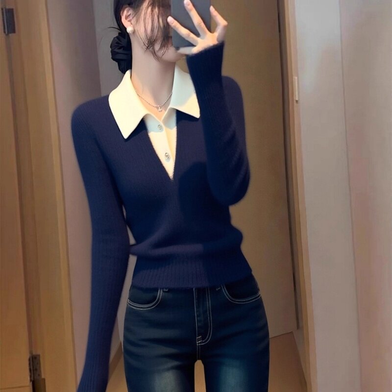 藏蓝色假两件针织衫2025冬季设计感小众独特漂亮法式气质收腰上衣