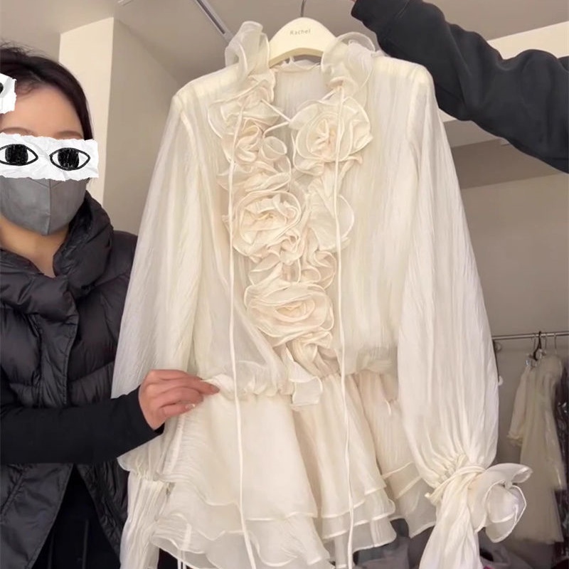 韩系甜辣风绑带设计感别致小众荷叶边立体花朵V领长袖衬衫连衣裙