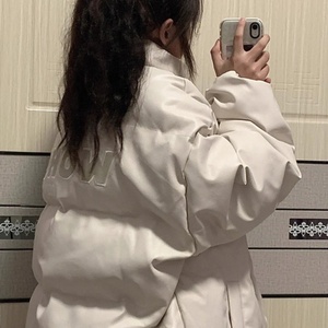 pu皮白色羽绒棉服女冬季潮牌新款棉衣oversize加厚面包服棉袄外套