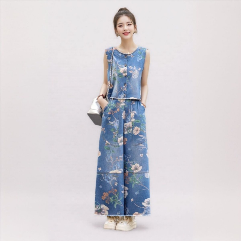 牛仔套装女夏2025新款韩版宽松显瘦印花无袖背心阔腿裤薄款两件套